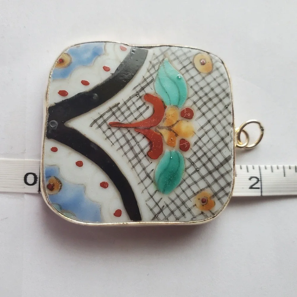 Vintage Hand Painted Talavera‎ Tile Pottery Shard Pendant Floral Square Jewelry